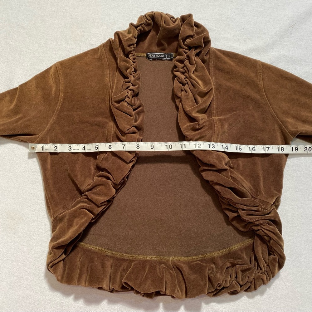 Pena House Long Sleeve Brown Velvet Ruffled Shrug Cropped Open Cardigan, Size M - Picture 5 of 8